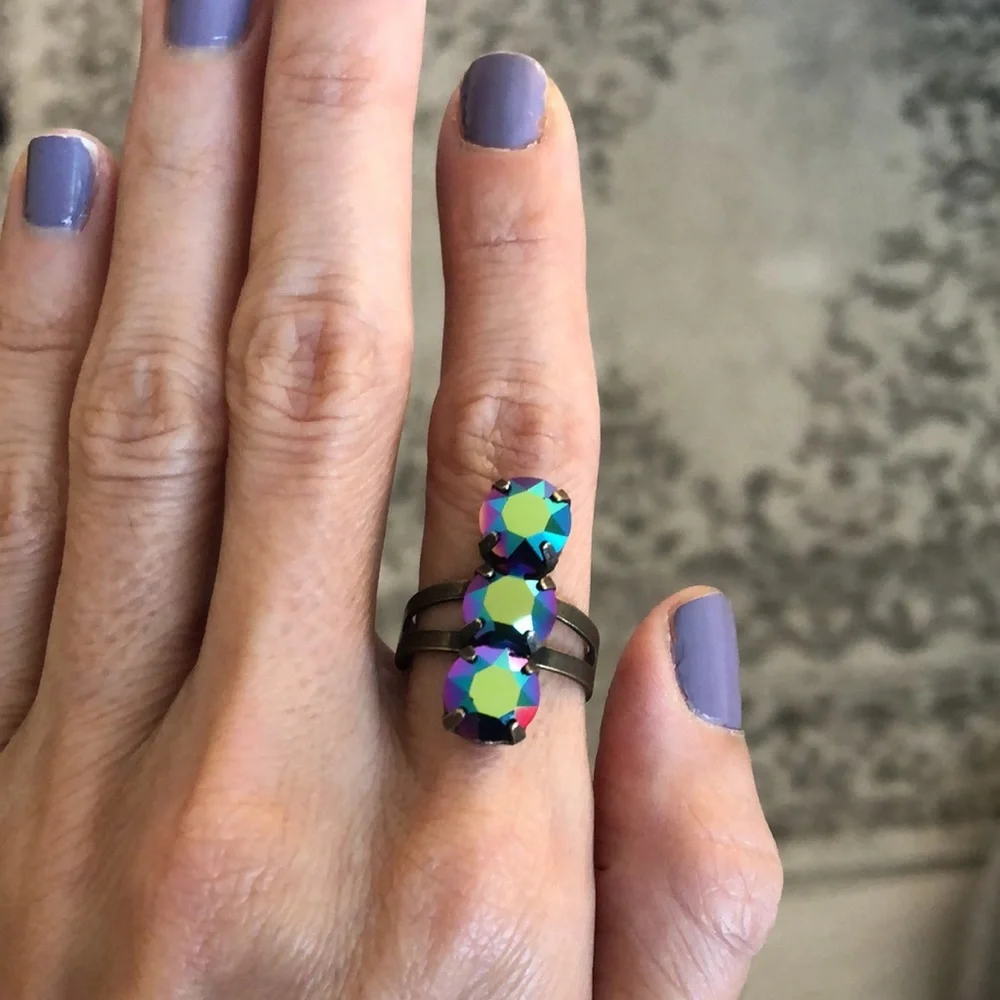 Iridescent Fuchsia Teal Peacock Mystical Crystal + Antique Brass Statement Ring